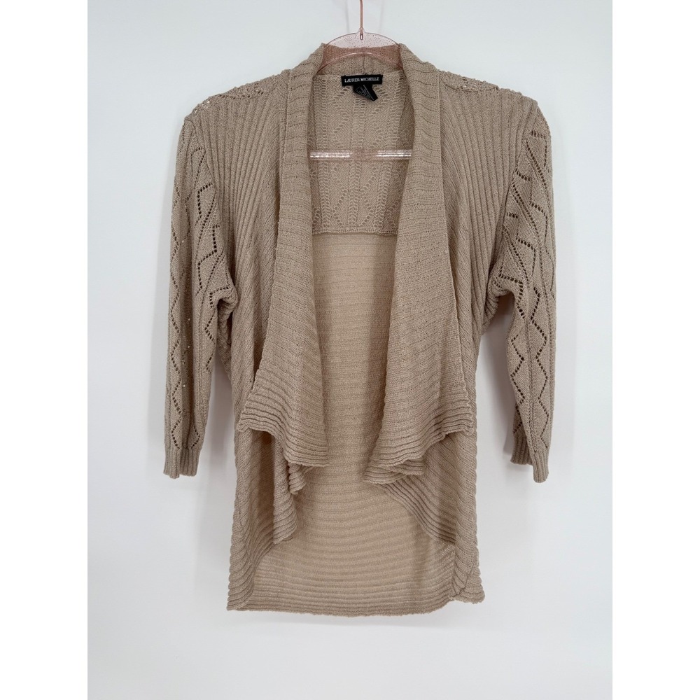 Tan Lauren Michelle Knit Open Front Cardigan Sweater Diamond Stitch Detail